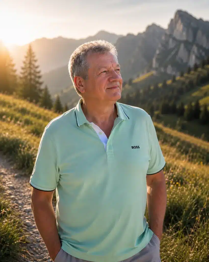 Dominique Züger, en montagne, le regard au loin, dans la lumière dorée de fin de journée