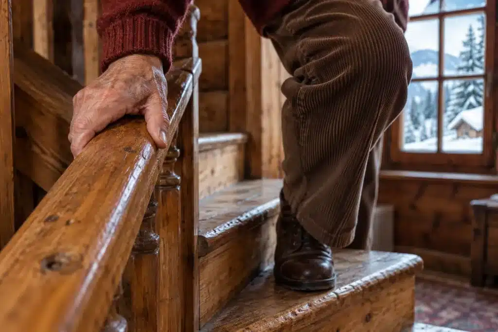 Main d’une personne âgée sur la rampe d’un escalier de chalet en hiver, gênée par l’arthrose du genou