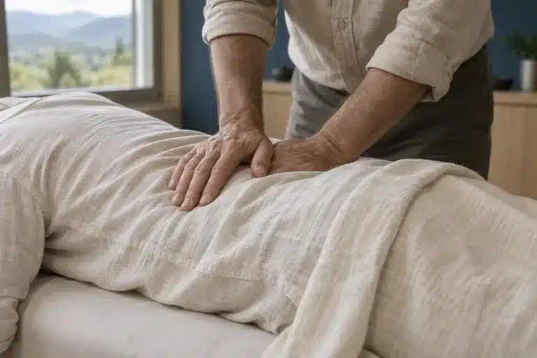 Mains d’un rebouteux travaillant le bas du dos d’une personne allongée sur une table de soin