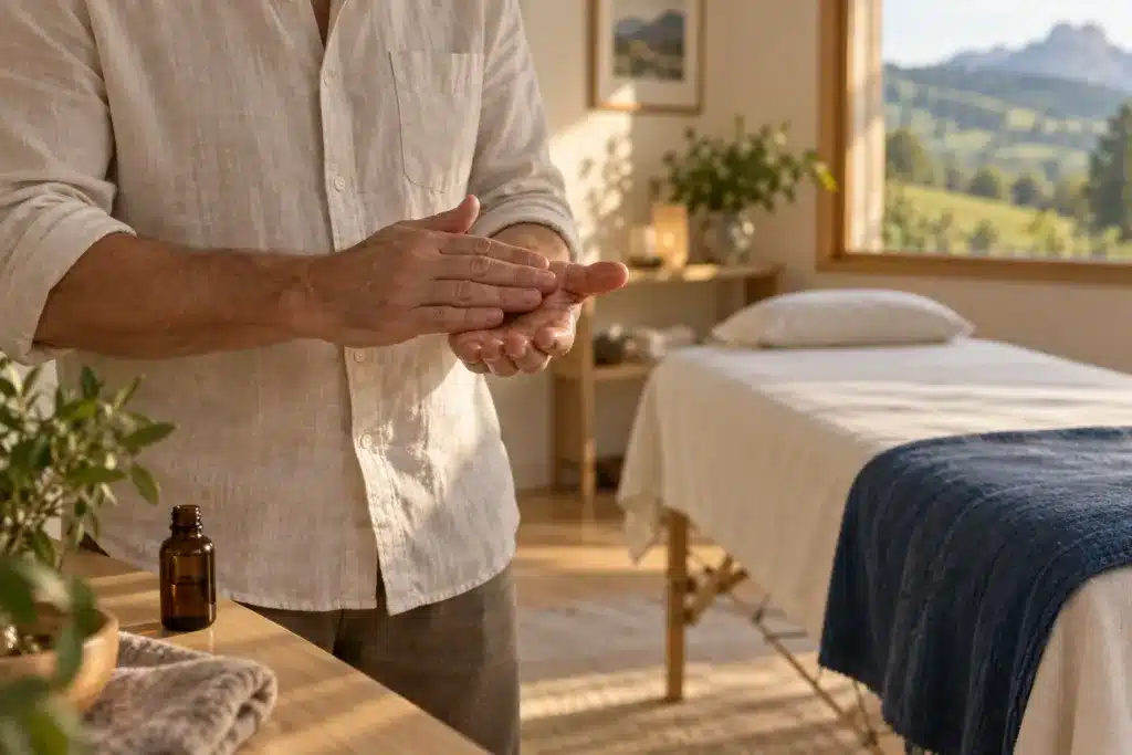 Mains d’un masseur réchauffant l’huile avant la séance, devant la table de soin préparée