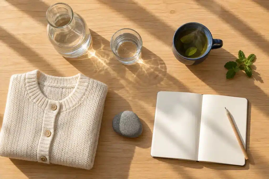 Carafe d’eau, verre et tisane à la menthe sur une table en chêne, dans la lumière de fin de journée, pour récupérer après une séance de magnétisme