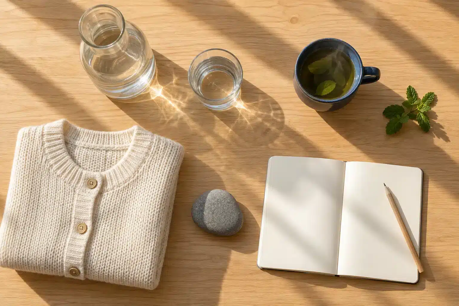 Carafe d’eau, verre et tisane à la menthe sur une table en chêne, dans la lumière de fin de journée, pour récupérer après une séance de magnétisme