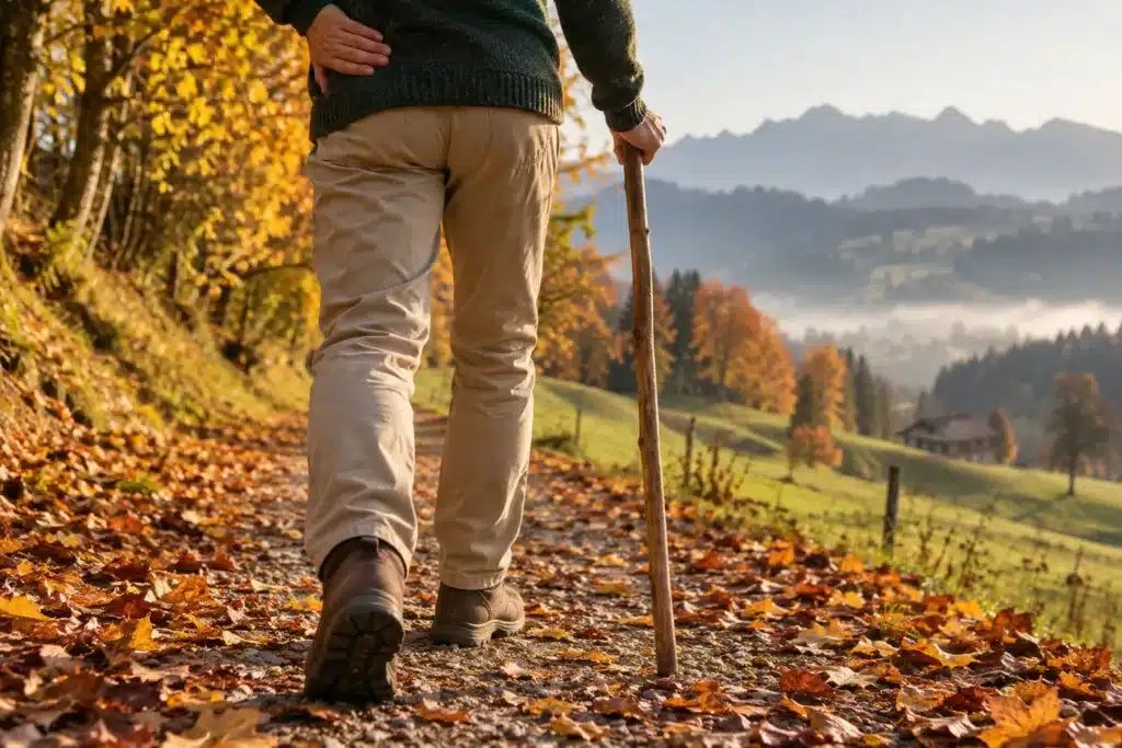 Personne marchant avec un bâton sur un chemin d’automne en Gruyère, une main sur le bas du dos, pendant une sciatique