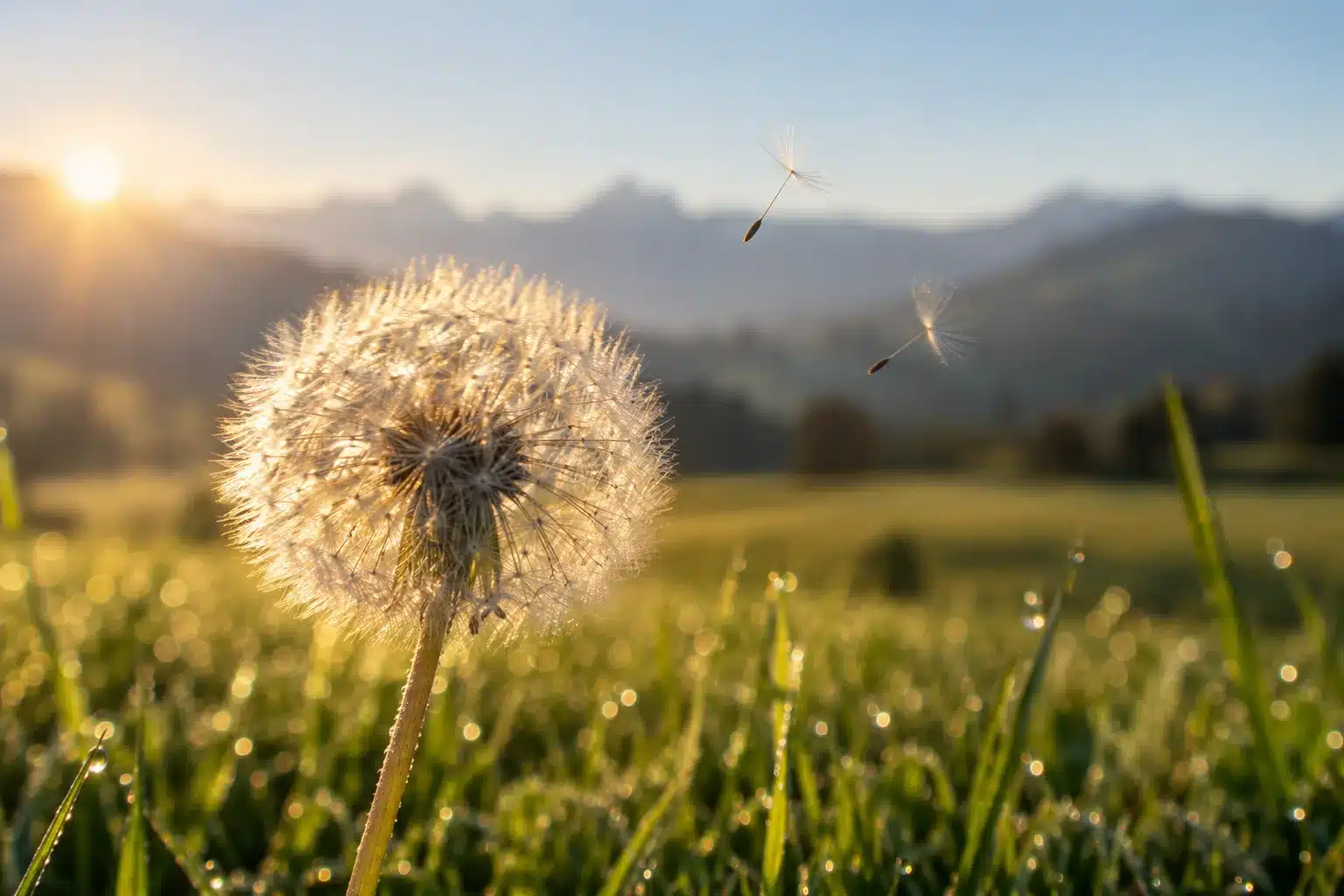 Aigrette de pissenlit en contre-jour dans un pâturage de Gruyère au lever du soleil, image de la légèreté retrouvée après un soin énergétique