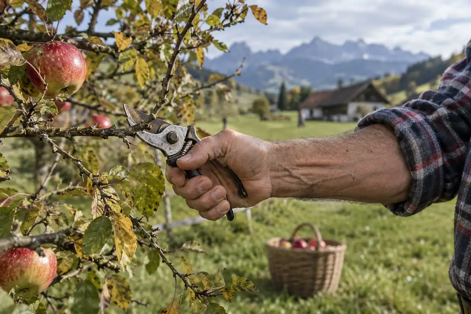 Avant-bras d’un jardinier taillant un pommier au sécateur, un geste répété qui peut provoquer une tendinite du coude