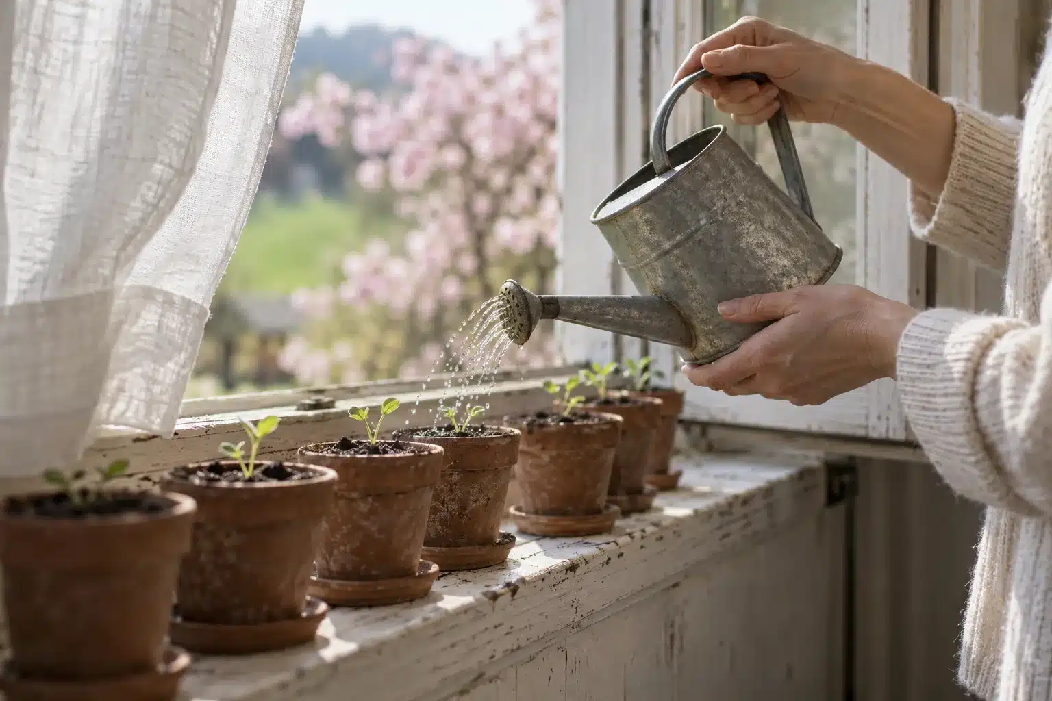Mains d’une femme arrosant de jeunes semis sur le rebord d’une fenêtre ouverte sur un cerisier en fleurs, image d’un désir d’enfant qu’on accompagne en douceur