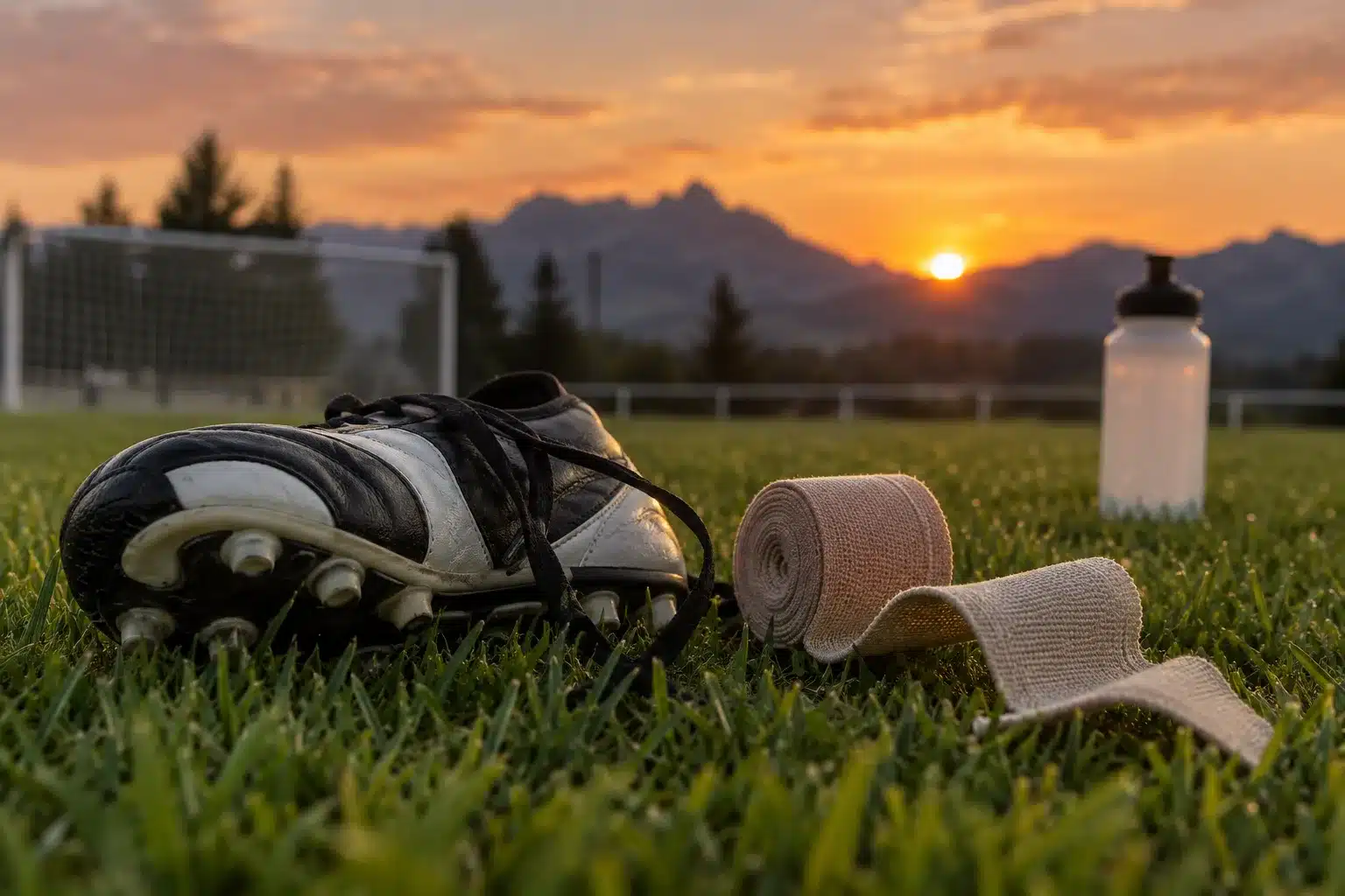 Chaussure de football délacée et bande élastique de contention dans l’herbe d’un terrain, au coucher du soleil sur les Préalpes, après une entorse de la cheville
