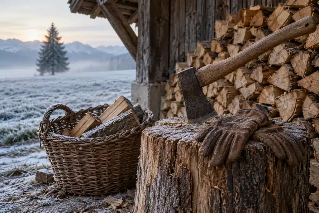 Bûches empilées sous l’avant-toit d’une ferme de Gruyère, hache et gants de travail sur le billot, panier à moitié rempli : l’effort qui peut bloquer le dos