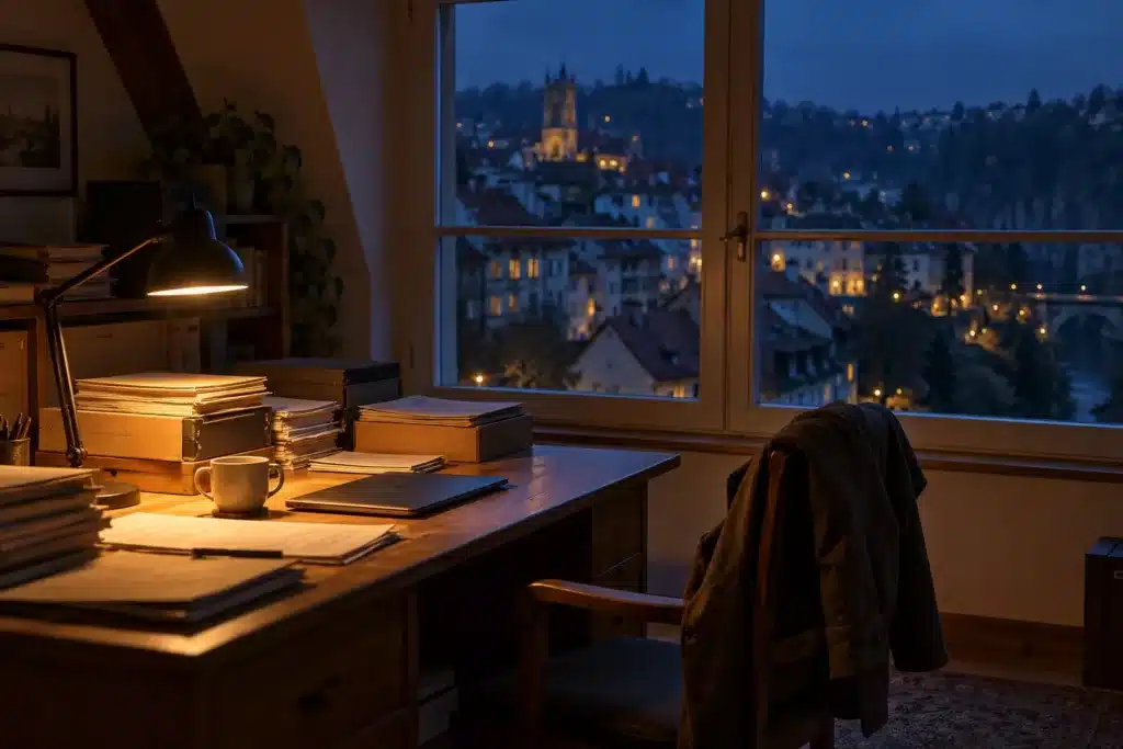 Bureau désert la nuit, lampe encore allumée, piles de dossiers et veste sur la chaise, face aux lumières d’une vieille ville, image d’une fatigue nerveuse